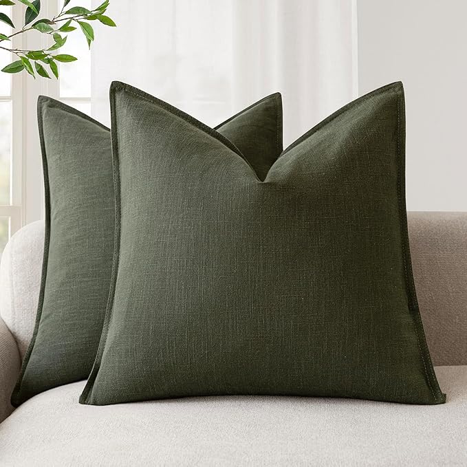 Foindtower Pack of 2, Decorative Linen Solid Throw Pillow Covers Soft Accent Cushion Case Farmhouse Neutral Pillowcase for Chair Couch Sofa Bedroom Living Room Home Decor 16x16 Inch Olive Branch Green