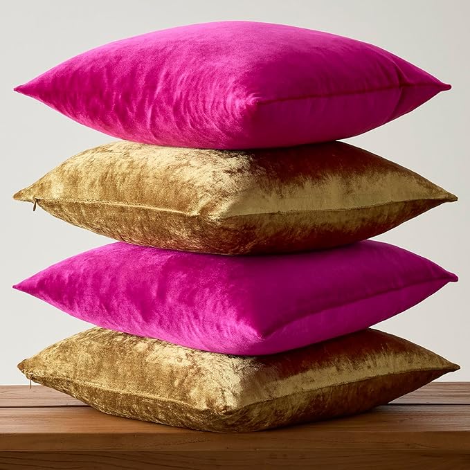 GIGIZAZA Velvet Pillow Covers 18x18,Hot Pink Gold Soft Throw Pillow Covers Set of 4 Square Decorative Modern Pillows Covers for Living Room