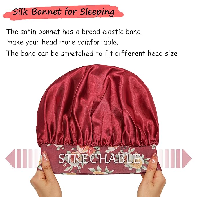 3 Pack Satin Bonnet Silk Hair Bonnet for Sleeping, Sleep Bonnets for Women Large Wide Soft Band Sleep Cap for Curly Hair Braids