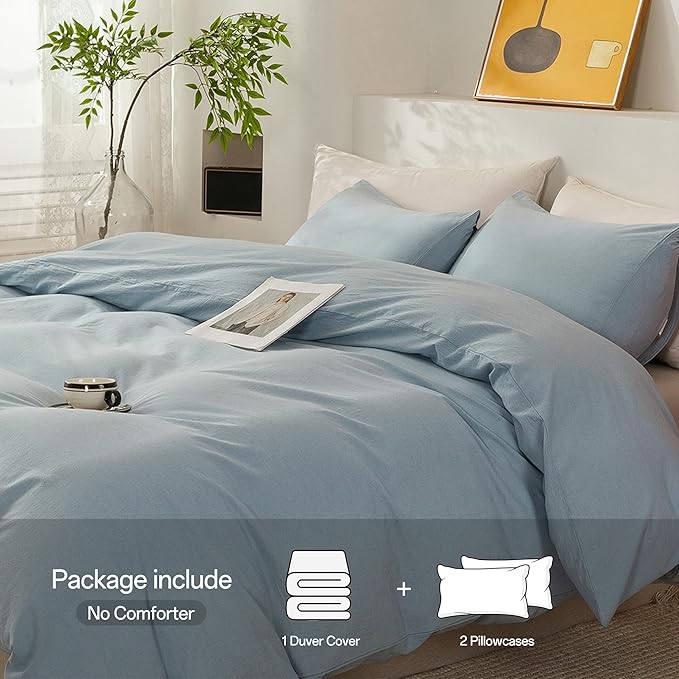 ECOCOTT Haze Blue Duvet Cover King Size, 3 Piece 100% Washed Cotton 1 Duvet Cover with Zipper and 2 Pillowcases, Ultra Soft and Easy Care Breathable Cozy Bedding Set (Haze Blue,King)