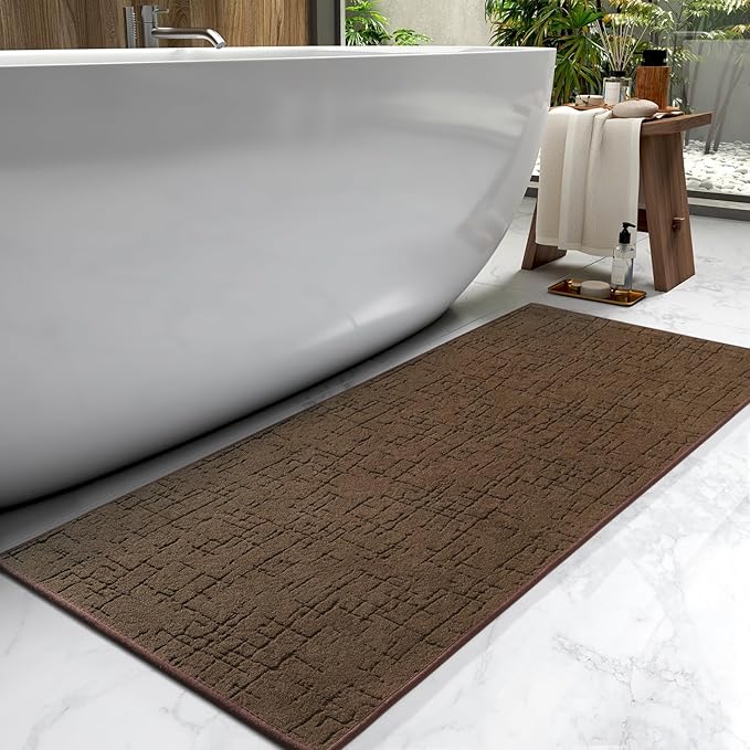 AMOAMI-Bath Mat-Absorbent Quick Dry Bathroom Floor Mats-Washable Rubber Backing Bath Mats for Bathroom Rugs Fit Under Door-Bath Rug for in Front of Sink Bathtub Shower Room, Chocolate 24''x70''