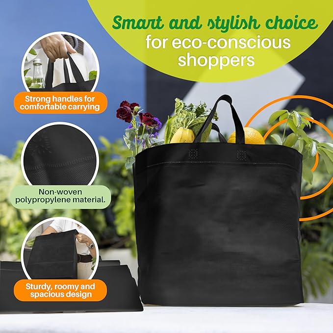 Simply Cool 50 Pack Black Reusable Eco-Friendly Grocery Shopping Bags 12.6"x6.3"x11.8" Durable, Recyclable Shopping Bags Washable, Foldable, Portable Tote Bags Bulk