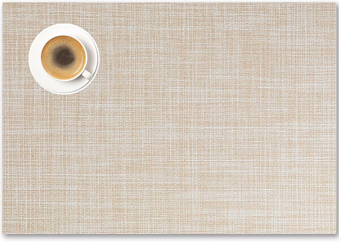 Placemats Set of 12 - Easy Clean Woven Vinyl Placemat for Dining Table, Indoor/Outdoor Place Mats, Washable PVC Table Mats（Beige）