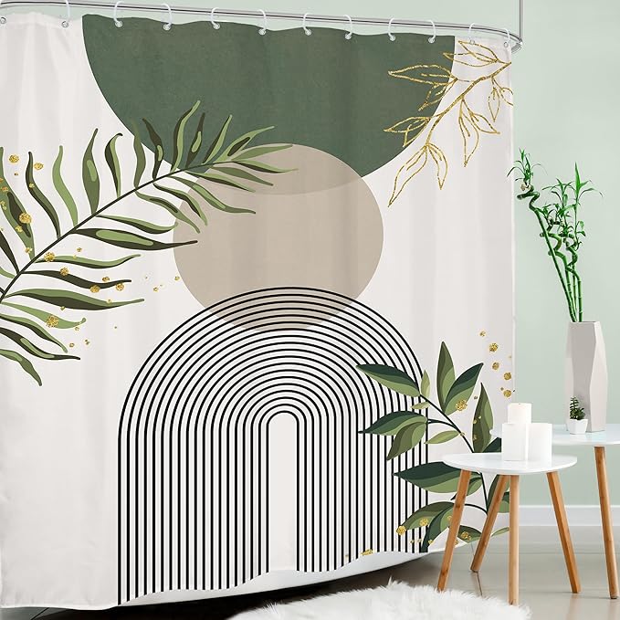 Green Boho Shower Curtain Extra Long Modern Abstract Bohemian Green Gold Minimalist Leaves Mid Century Arch Bathroom Decor Geometric Plant 72Wx84H Bath Curtain Fabric Polyester 12 Pack Hooks