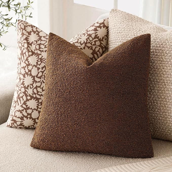 Foindtower Pack of 2 Textured Boucle Throw Pillow Covers Accent Solid Pillow Cases Cozy Soft Decorative Couch Cushion Case for Chair Sofa Bedroom Living Room Home Decor 18x18 Inch Hazel Brown