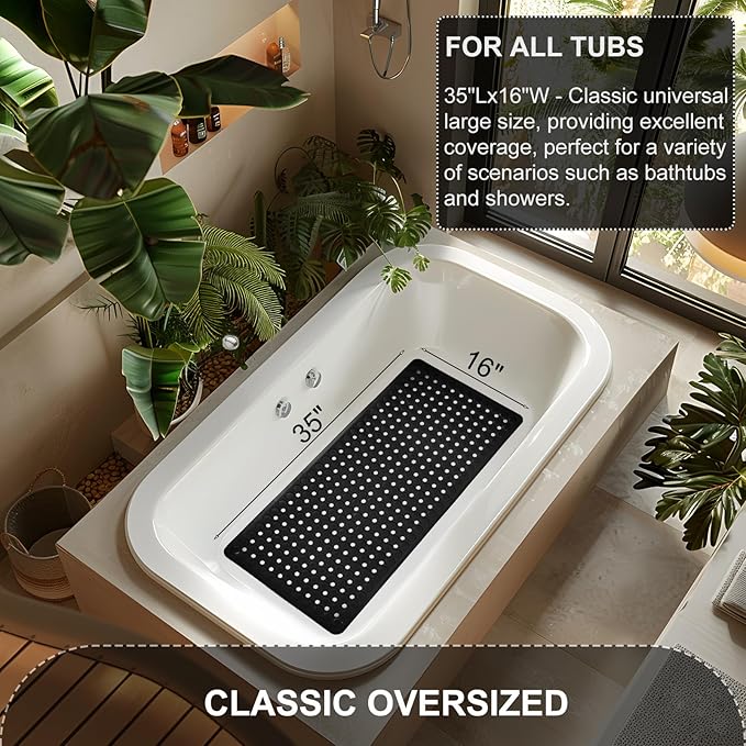 Bath Mat for Tub & Shower, Non Slip Soft Bathmat with Suction Cups & Drain Holes, Machine Washable Bathtub Floor Liner Mats for Bathroom, 35x16 Inch, Black
