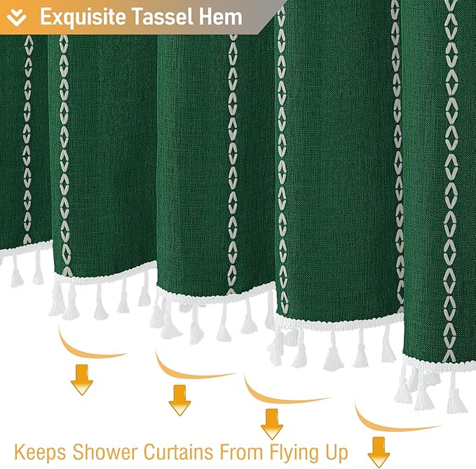 BTTN Boho Farmhouse Shower Curtains, Linen Rustic Weighted Striped Fabric Shower Curtain with Tassel, Water Repellent, Bohemian Vintage Country Cloth Shower Curtain for Bathroom, Emerald Green, 72x72