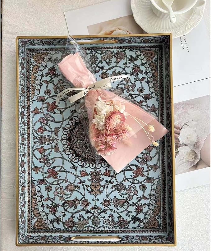 Large Plastic Serving Tray with Handles,Decorative Tray for Ottoman Coffee Table,Large Rectangular Boho Tray for Living Room Bathroom and Kitchen Counter,16"X12"