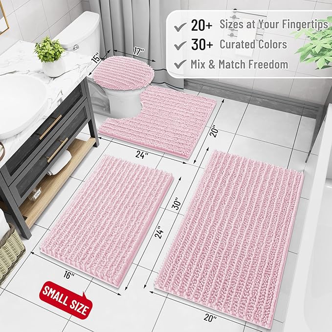 Arotive Luxury Chenille Bathroom Rug Mat, Extra Soft Thick Absorbent Shaggy Bath Rugs, Non-Slip Machine Wash Dry, Plush Bath Mats for Bathroom, Shower and Tub, 24x16, Pink