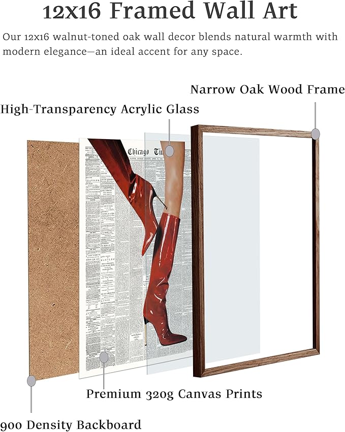 EcoHest Trendy Newspaper Red Boots Framed Wall Art, 12x16 in Walnut Color OAK Wood Fashion Icon Canvas Wall Art, Magazine Retro Home Decor, Set of 1 for Bedroom Living Room