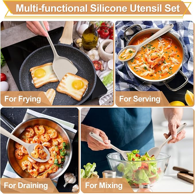 P&P CHEF Kitchen Utensil Set, 4 Pieces Non-stick Silicone Cooking Utensils, Heat-resistant Slotted Solid Spoon Turner for Frying, Mixing, Serving, Non-toxic & Easy to Clean, Khaki