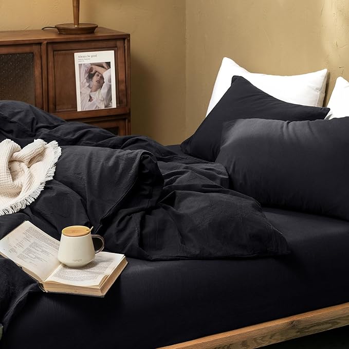 FOSSA Duvet Cover Set 100% Washed Cotton Linen Feel Super Soft Breathable Cozy 3 Pieces Bedding Sets Solid Black Twin/Twin XL