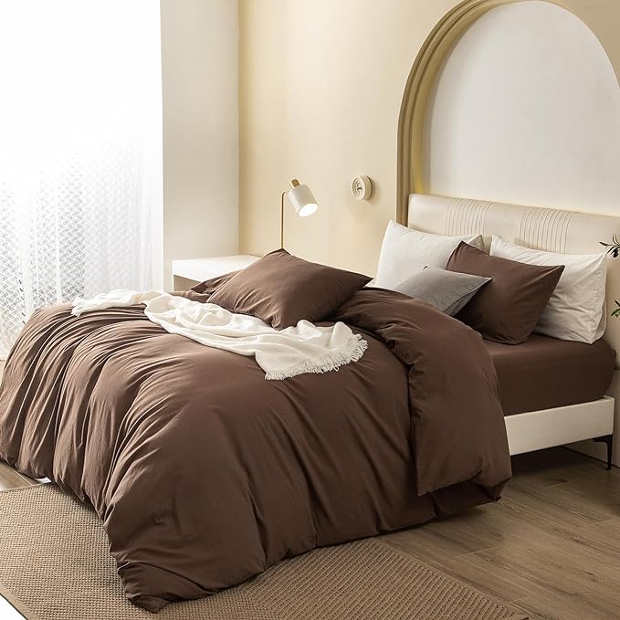 JIYUAN 100% Washed Cotton Duvet Cover Set 3 Pieces Cal King, 1 Duvet Cover 104x98 Inches(Comforter Not Included) and 2 Pillowcases,Linen Feel Bedding Set Comfy and Breathable,Chocolate Brown