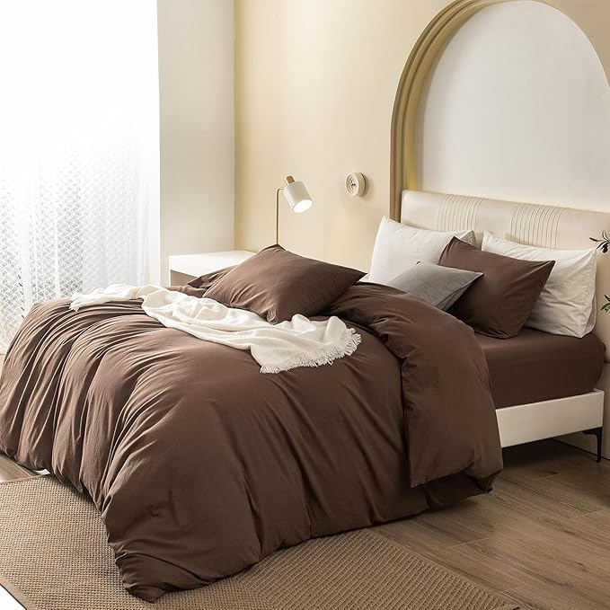 JIYUAN 100% Washed Cotton Duvet Cover Set 3 Pieces Oversized Queen, 1 Duvet Cover 98x98 Inches(Comforter Not Included) and 2 Pillowcases,Linen Feel Bedding Set Comfy and Breathable,Chocolate Brown
