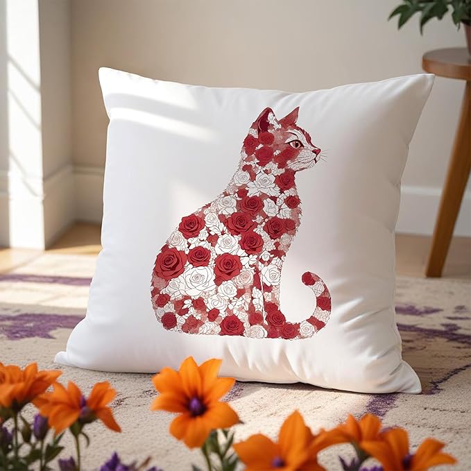Red and White Rose Floral Cat Pillow Covers 18x18, Gifts for Cat Lovers Mom Lady Owners, Elegant Kitten Kitty Decorative Pillow Covers for Home Bedroom Living Room Decor, Pet Lover Gifts