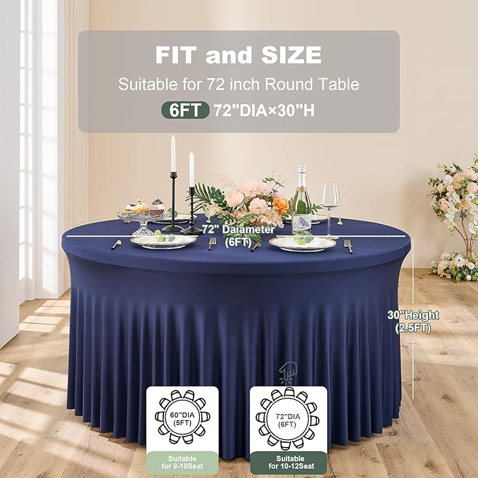 Outpain 6 Pack 72In/6FT Navy Blue Spandex Round Tablecloths, Stretchy 132inch Fitted 6FT Round Table Cloths, Wrinkle Free Table Cover with Skirt for Wedding Party Dining Banquet