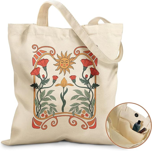 Aesthetic Tote Bag for Girls - with Magnetic Buckle and Zipper Inner Pocket for Women Lady Canvas Cotton Tote Bag