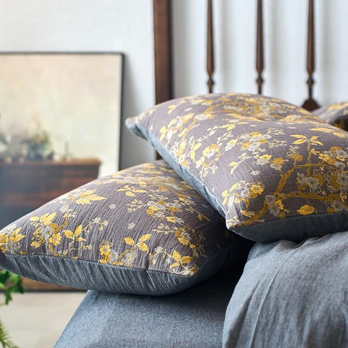 mixinni Vintage Floral Duvet Cover King Set - Gold Jacquard & Grey Reversible, 100% Yarn-Dyed Double-Layer Cotton, Breathable & Luxurious Farmhouse Bedding (3-Piece, Includes 2 Pillowcases)
