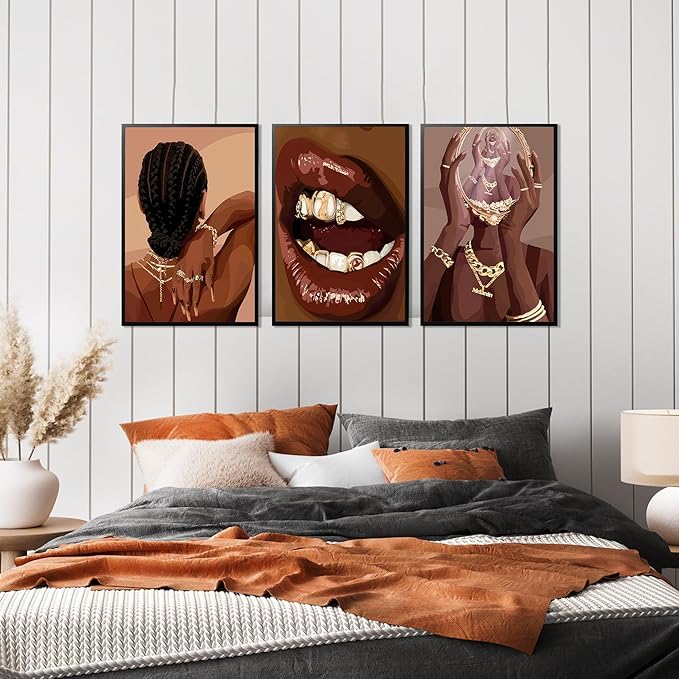 ANVOTIG Black Girl Posters Wall Art Set of 3 Black Woman African American Women Wall Decor Pictures Boho Fashion for Home Bedroom Living Room 12x16 Inch Unframed