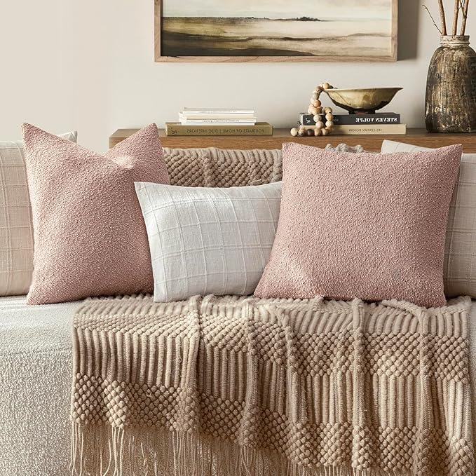 Foindtower Set of 2, Decorative Textured Boucle Throw Pillow Covers Accent Solid Pillow Cases Soft Cozy Couch Cushion Case for Chair Sofa Bedroom Living Room Home Decor 22 x 22 Inch Light Pink