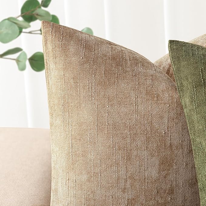 Foindtower Pack of 2 Textured Chenille Throw Decorative Pillow Covers Square Accent Solid Cushion Cover Neutral Farmhouse Pillow Case for Couch Sofa Bedroom Living Room 18x18 Inch,Taupe Khaki Camel
