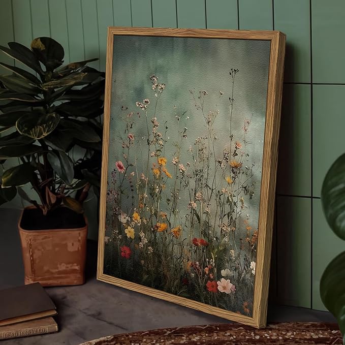 Vintage Wildflower Wall Art, Green Flower Wall Decor Painting, Hand Drawn Sandstone 3D Textured Farmhouse Botanical Nature Landscape Artwork for Living Room Bedroom 16x24 inch Wood Framed