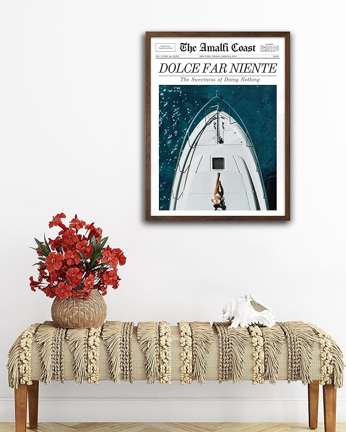 EcoHest Trendy Newspaper Dolce Far Niente Framed Wall Art, 12x16 in Walnut Color OAK Wood La Dolce Vita Canvas Art, Magazine Italian Summer Headline Print Decor, Set of 1 for Bedroom Living Room