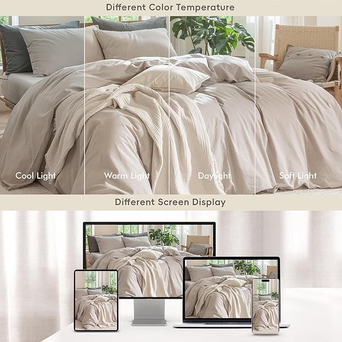MooMee Bedding Duvet Cover Set 100% Washed Cotton Linen Like Textured Breathable Durable Soft Comfy (Solid Light Tan, Palatial King/Oversized King 120"x98")