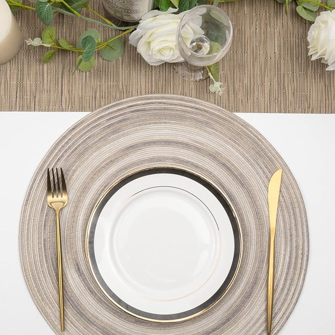 SHACOS Round Braided Placemats 15 inch Set of 4 Variegated Washable Kitchen Table Placemats for Home Wedding Party (Rainbow Gray, 4)