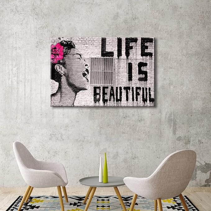 Wieco Art Banksy Life is Beautiful Modern Gallery Wrapped Grey Love Abstract Artwork Paintings Pictures Large Giclee Canvas Prints Wall Art Ready to Hang for Living Room Home Office Decor