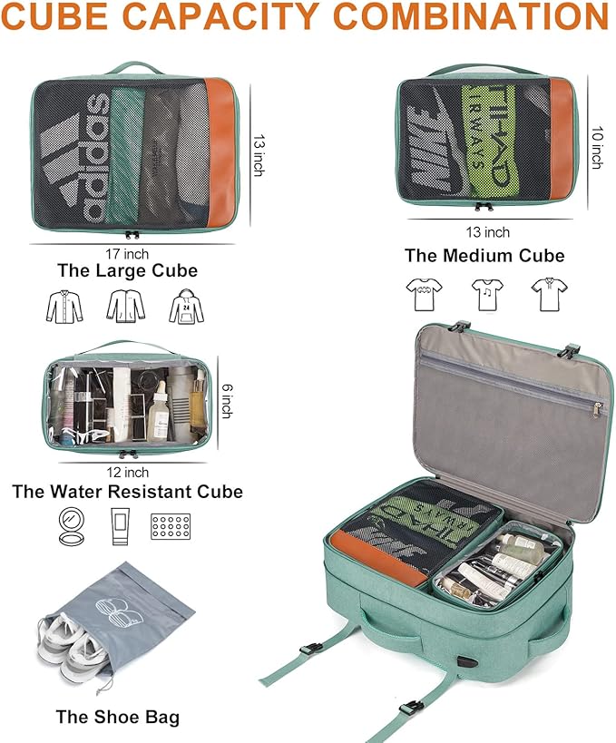 Carry on Travel Backpacks, Extra Large 40L Flight Approved Bag for Men & Women,Expandable Suitcase Backpack With 4 Packing Cubes,Water Resistant Luggage Daypack Business Weekender Bag,Green