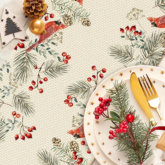 Christmas Bird Burlap Table Runner Seasonal Spring Fall Kitchen Dining Linen Table Decoration for Indoor Outdoor Home Party Dinner 13x72 Inch