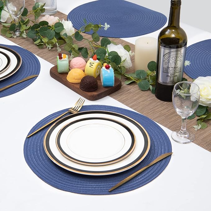 SHACOS Round Placemats Set of 6 Washable 15 inch Round Table Mats Cotton Polyester Woven Braided Place Mats for Dining Table (Sail Blue, 6)