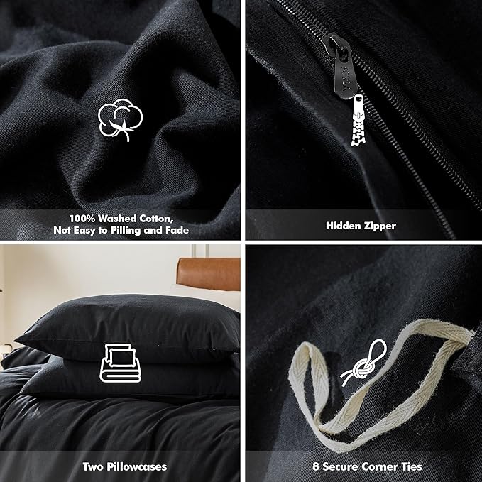 FOSSA Duvet Cover Set 100% Washed Cotton 3 Pieces Bedding Set Twill Soft Cozy Breathable Sturdy Substantial with Textured Weave Solid Black King