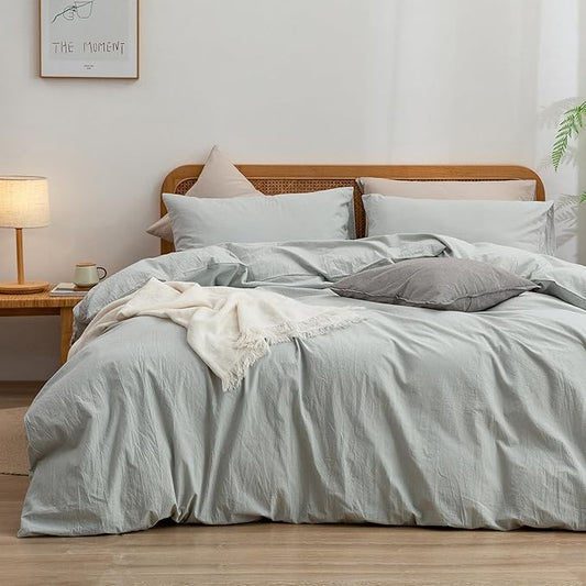 BESTOUCH Duvet Cover Set 100% Washed Cotton Linen Feel Super Soft Comfortable Chic Lightweight 3 PCs Home Bedding Set Solid Northern Droplet Grey Super King