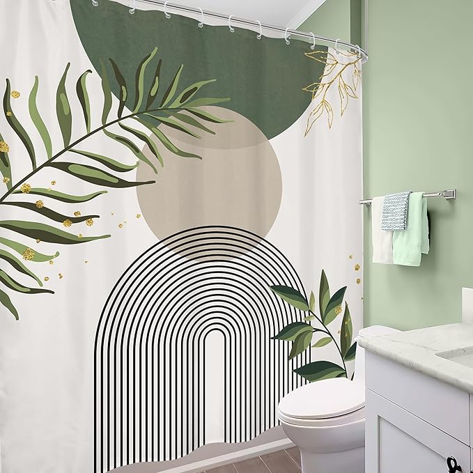 Sage Green Boho Shower Curtain 72Wx78H Modern Abstract Green Gold Leaves Bohemian Plant Botanical Minimalist Arch Bathroom Decor Geometric Neutral Bath Curtain Fabric Polyester 12 Pack Hook