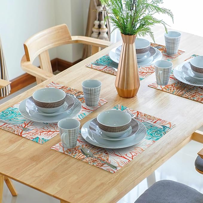 Giwawa Beach Life Placemats Set of 4-12"x18" Vintage Summer Seashell Conch Place Mat- Colorful Coastal Nautical Coral Linen Washable Table Mats for Kitchen Dining Party Tabletop Decoration