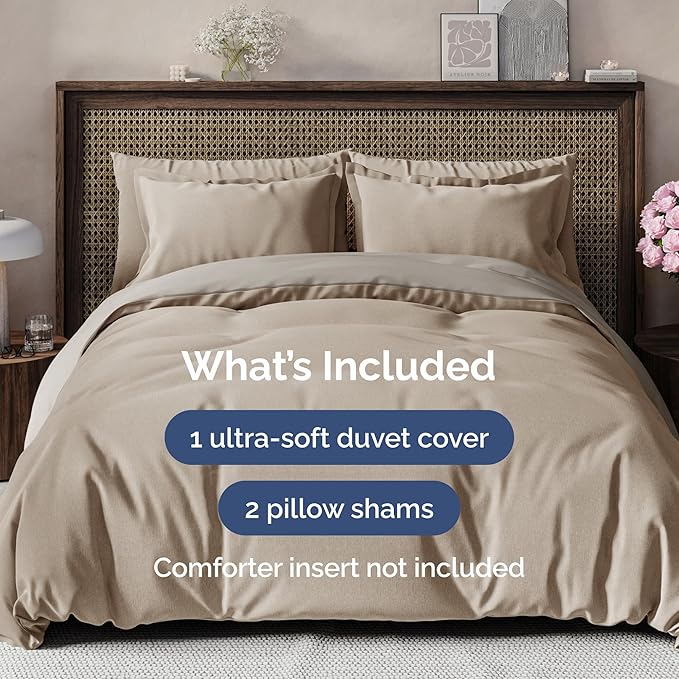 Duvet Cover Queen Size Set - Extra Soft Queen Size Duvet Cover 90 x 90 with 2 Pillow Shams - Hotel Luxury Easy Care and Fade Free w/Zipper Closures & Ties - Breathable Bedding Set (Heathered Beige)
