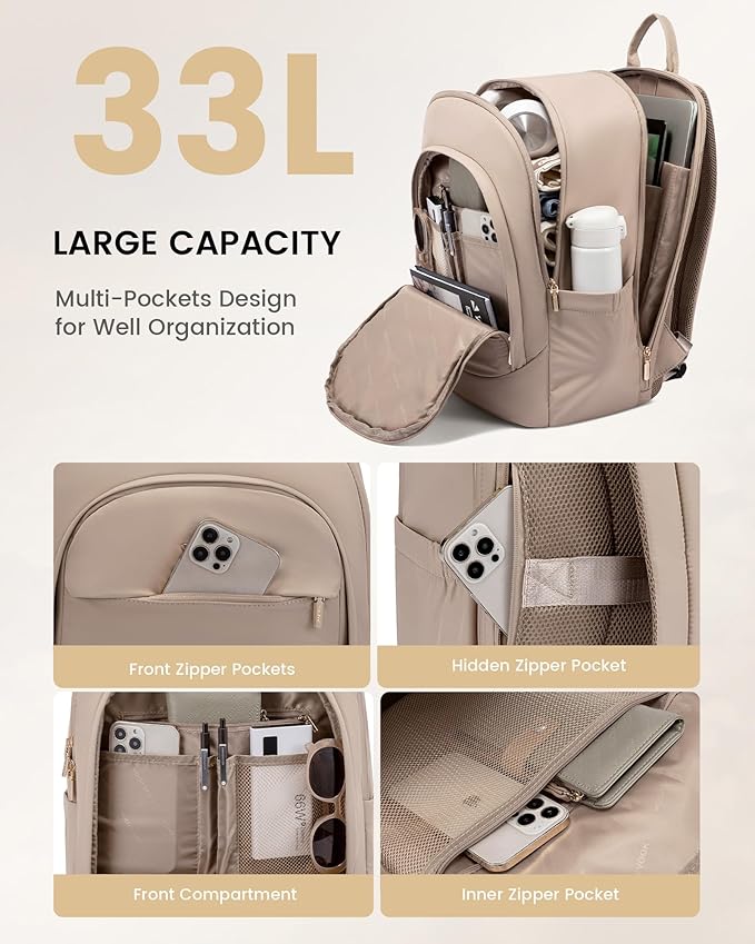 LOVEVOOK Laptop Backpack for Women, 17.3 Inch Work Backpack Purse, Large Capacity Casual Daypack, Business Computer Backpack, Travel Backpack for Gift, Khaki