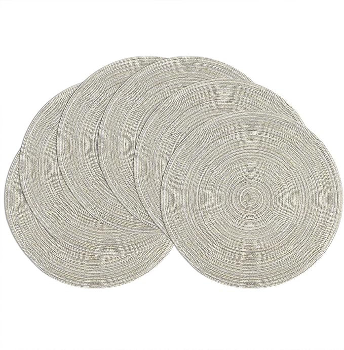 SHACOS Round Braided Placemats Set of 6 Glitter Circle Place Mats Washable 15 inch Table Mats for Dining Table Wedding Party (Light Gray Gold, 6)