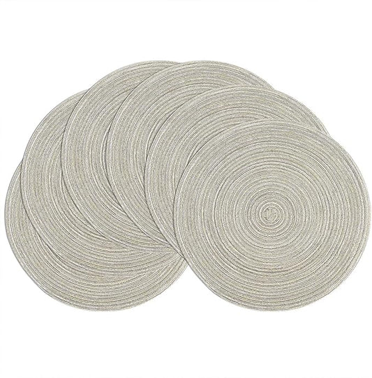 SHACOS Round Braided Placemats Set of 6 Glitter Circle Place Mats Washable 15 inch Table Mats for Dining Table Wedding Party (Light Gray Gold, 6)