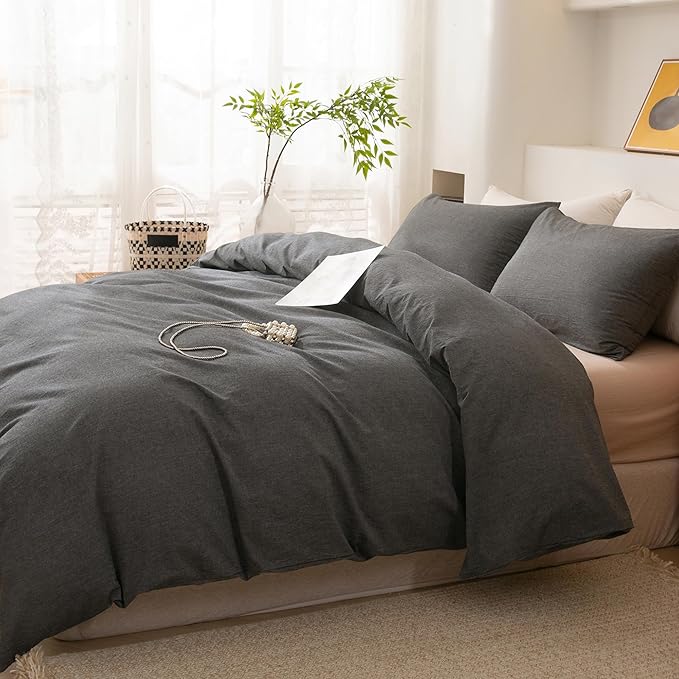 ECOCOTT Grey Duvet Cover Oversized King Size - 100% Washed Cotton Durable Soft Comfy Duvet Cover Set, 3 Pieces Duvet Cover with Zipper Closure (Dark Grey, 120"x 98")