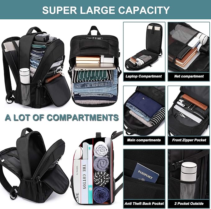 Extra Large Backpack for Men 50L,Water Resistant 17.3 inch Travel Laptop Backpack with USB Charging Port,TSA Friendly Big Business Anti Theft Computer Bag Work College School Bookbags Gifts,Black