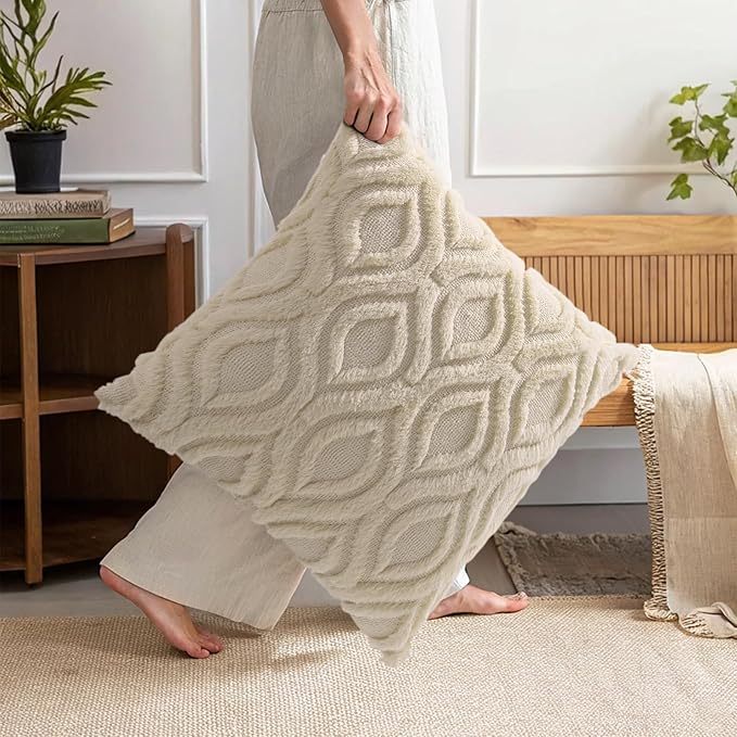 decorUhome Fall Throw Pillow Covers 16x16 Inch Set of 2, Soft Plush Decorative Faux Fur Beige Solid Couch Pillow Covers, Accent Farmhouse Neutral Square Euro Pillow Cases for Sofa Bed Living Room