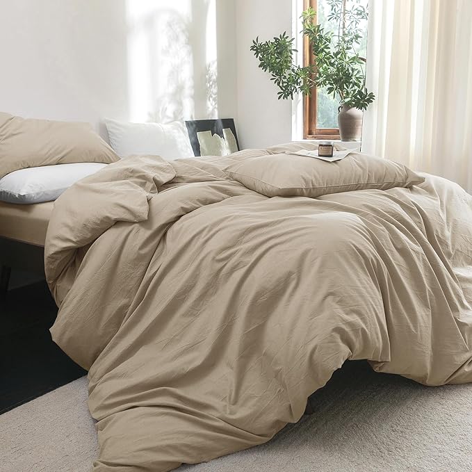 FOSSA Duvet Cover Set 100% Washed Cotton Linen Feel Super Soft Breathable Cozy 3 Pieces Bedding Sets Solid Light Khaki King