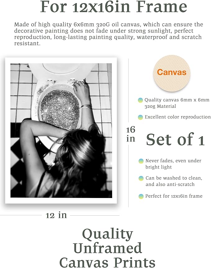 EcoHest UnFramed Trendy After the Disco Party Wall Art, 12x16 in OAK Wood Black and White Funny Bathroom Canvas Art, Teen Girl Poster College Dorm Decor, Set of 1 for Bedroom Living Room