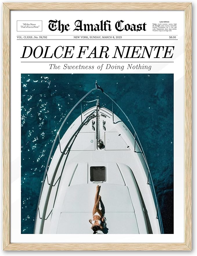 EcoHest Trendy Newspaper Dolce Far Niente Framed Wall Art, 12x16 in OAK Wood La Dolce Vita Canvas Art, Magazine Italian Summer Headline Print Decor, Beige Logs Set of 1 for Bedroom Living Room