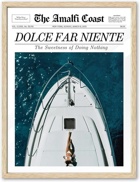 EcoHest Trendy Newspaper Dolce Far Niente Framed Wall Art, 12x16 in OAK Wood La Dolce Vita Canvas Art, Magazine Italian Summer Headline Print Decor, Beige Logs Set of 1 for Bedroom Living Room