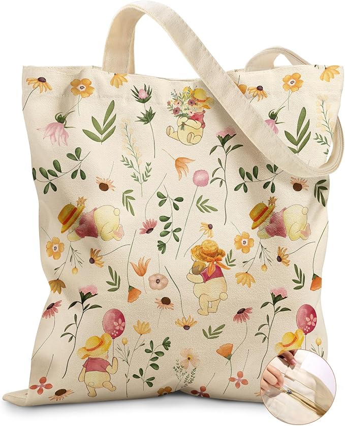Canvas Tote Bag for Women – Aesthetic Canvas Bag with Zipper Cute Stylish Reusable Shoulder Totes for Shopping Work Daily Vacation, Floral Weini