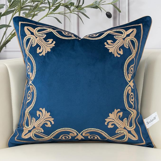 Aeckself European Floral Pillow Cover 24x24 Inch, Large Luxury Velvet Embroidered Decorative Throw Pillow Cover for Couch Bedroom Living Room, Navy Blue and Gold, Yw-OBYG-Blue6060